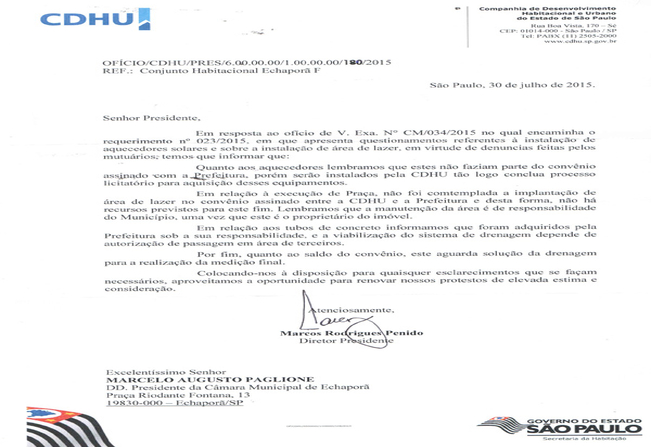 Câmara recebe resposta da CDHU